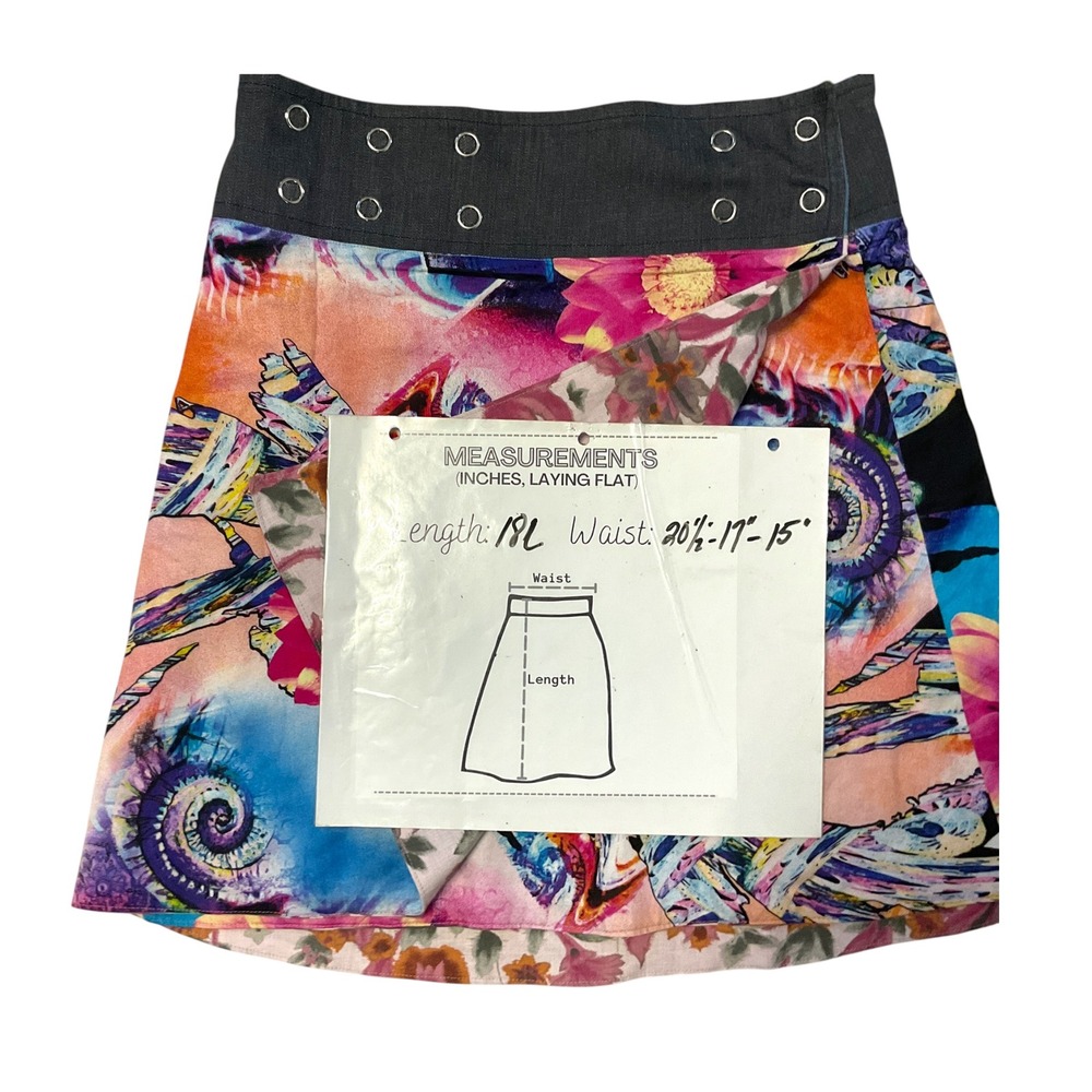 Sandra Maria Reversible Wrap Skirt Floral Artist Print Denim Waist Mini SZ L/XL - Picture 7 of 7
